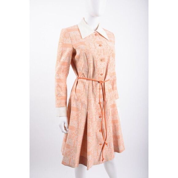 Vintage Womans Shirt Dress M textured Orange White Pointed Collar Kick Pleats - Picture 2 of 6